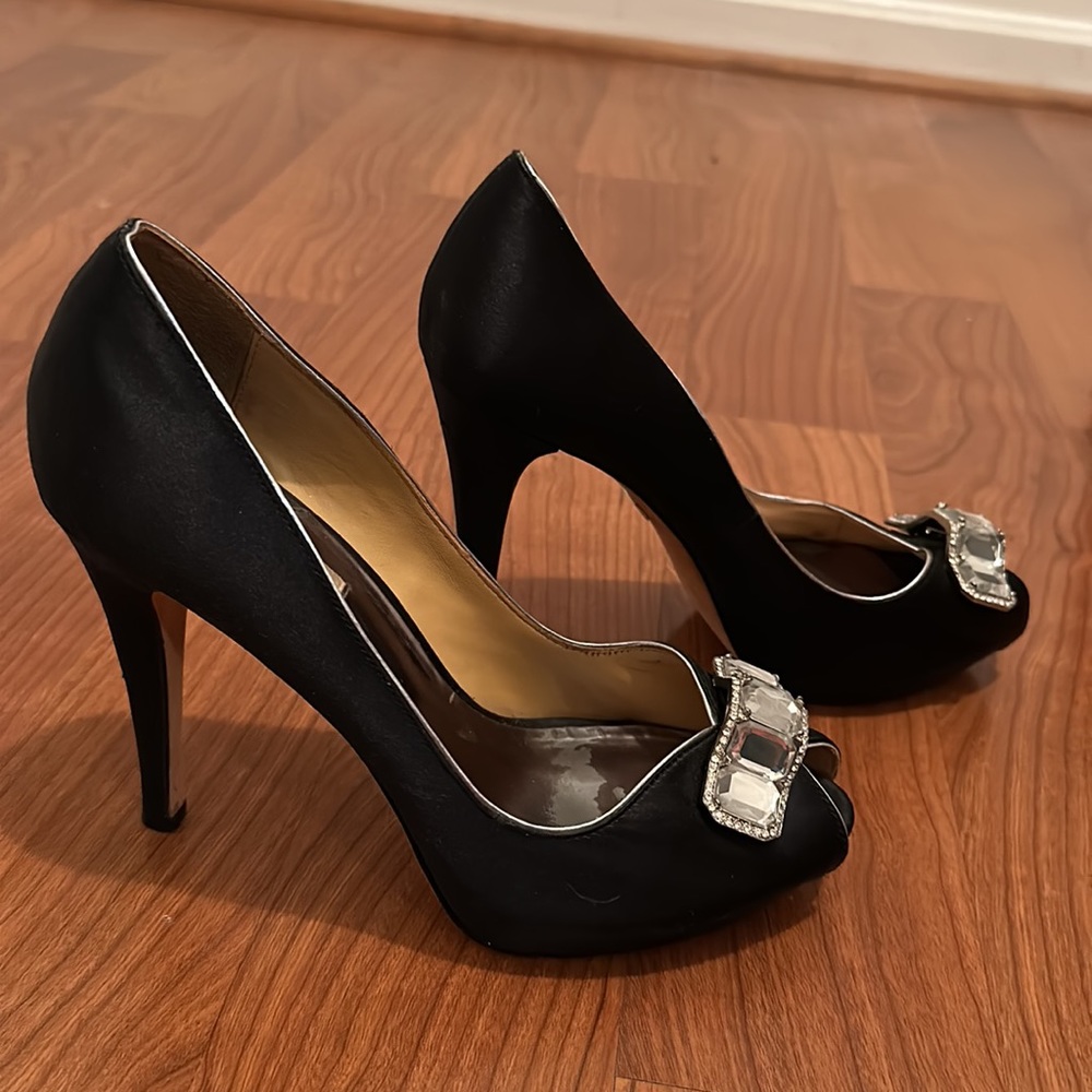 Badgley Mischka black satin heels gem detail 9